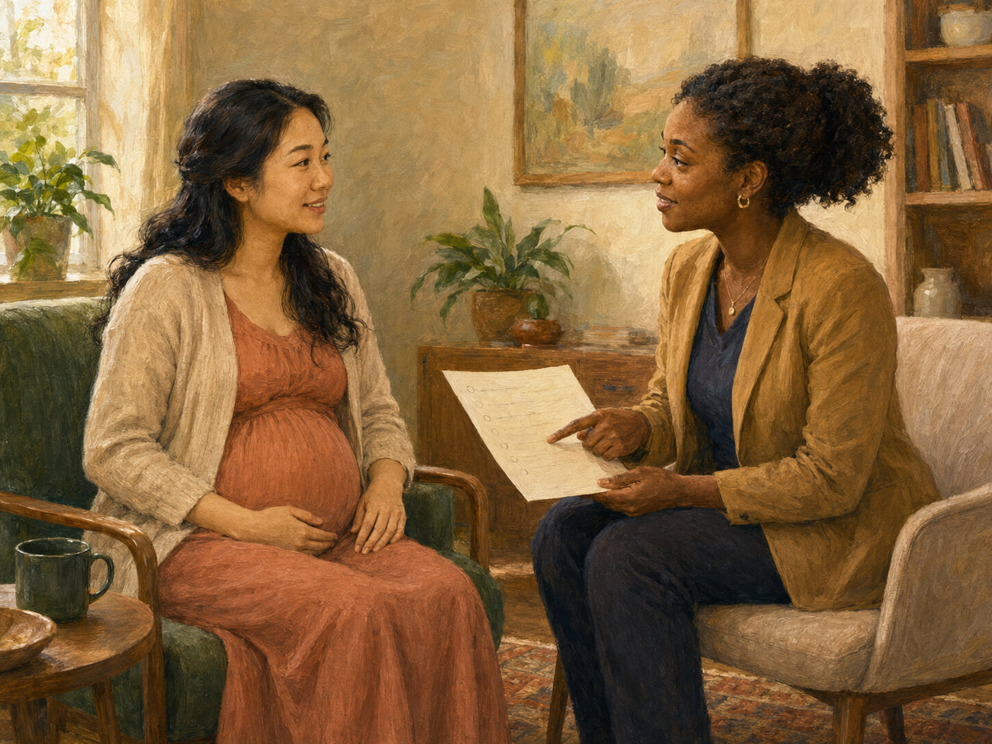 Pregnant patient and clinician having a calm conversation