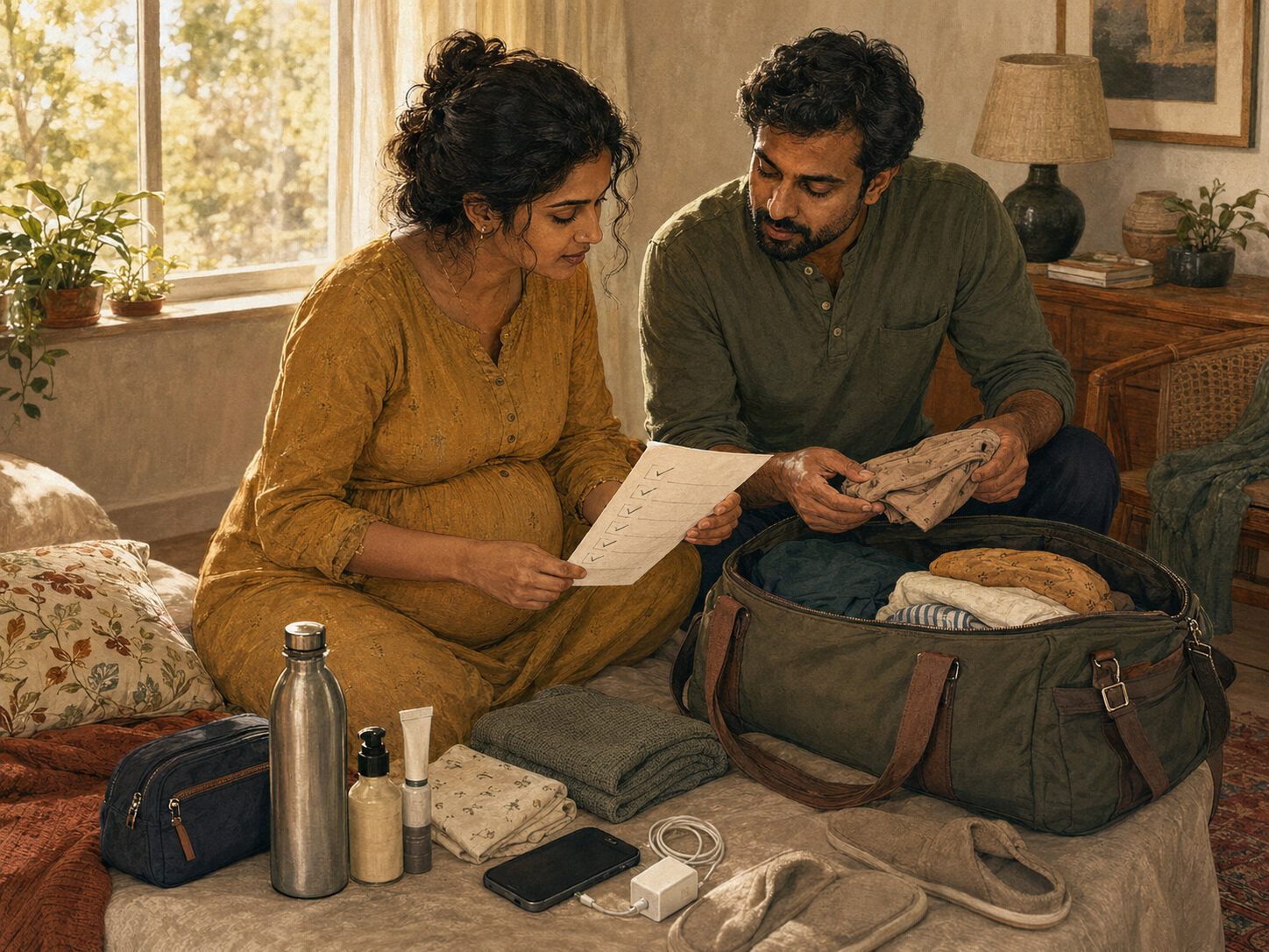 Pregnant person and partner packing a hospital bag together