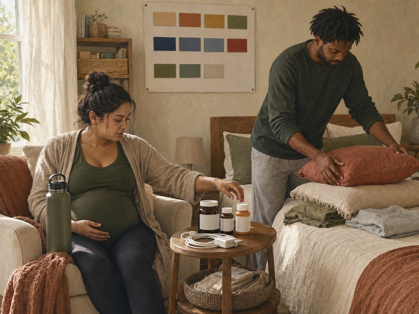 Pregnant person and support person preparing a reachable recovery station at home before a cesarean birth
