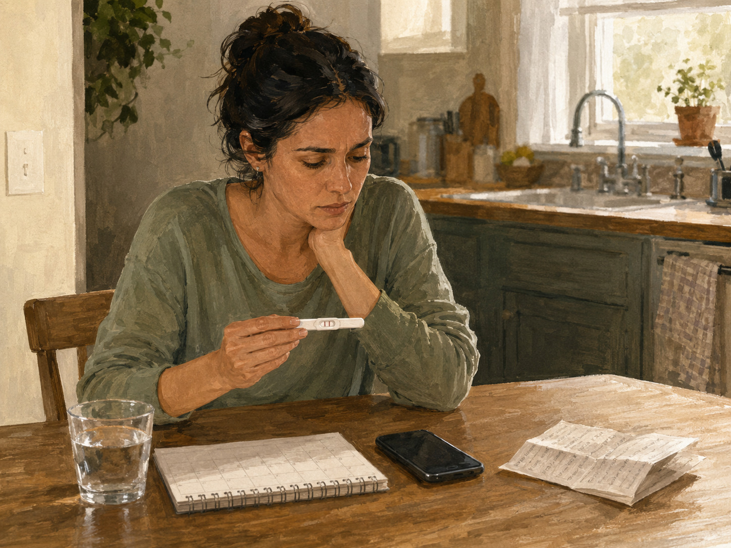 Person sitting at a kitchen table with a home pregnancy test, calendar, and phone while processing the result