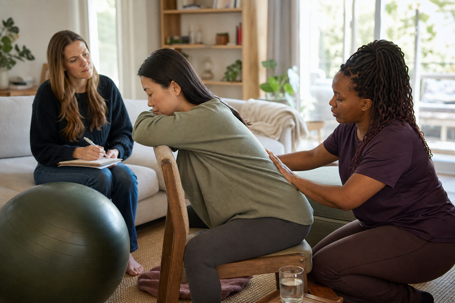 Pregnant adult practicing a supported labor position with a doula while a partner takes notes during a home visit