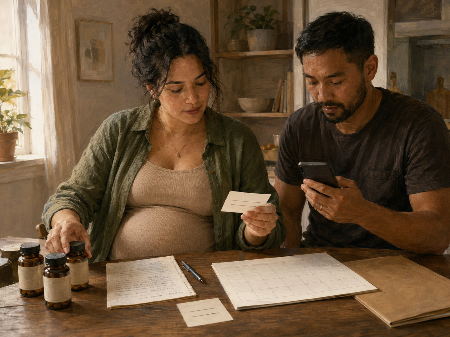 Pregnant patient having an attentive conversation with a clinician