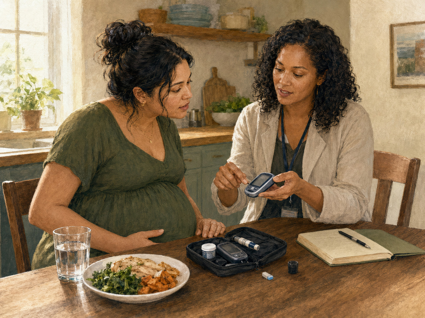 Pregnant person learning to use a glucose meter with a clinician at a kitchen table