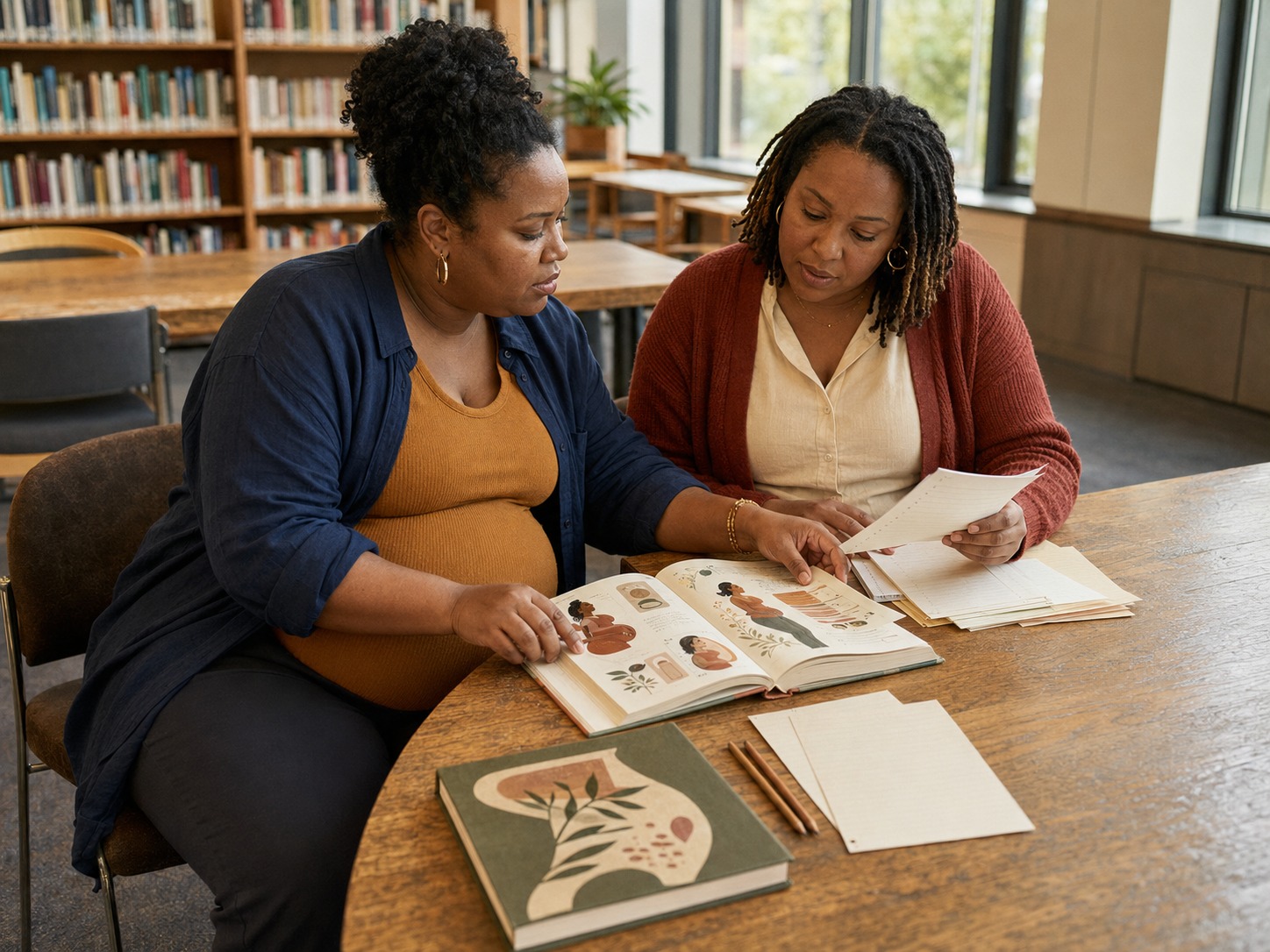 Plus-size Black pregnant person organizing an illustrated pregnancy field guide with a friend at a library table