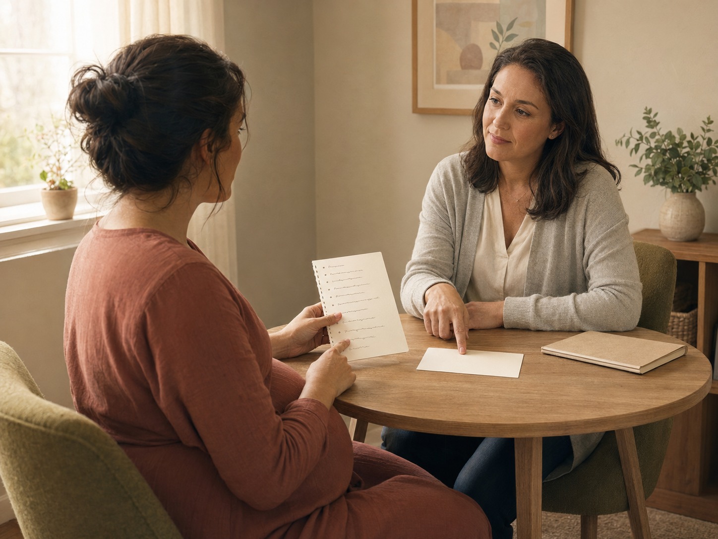 Pregnant patient using a prepared question list during a calm prenatal appointment