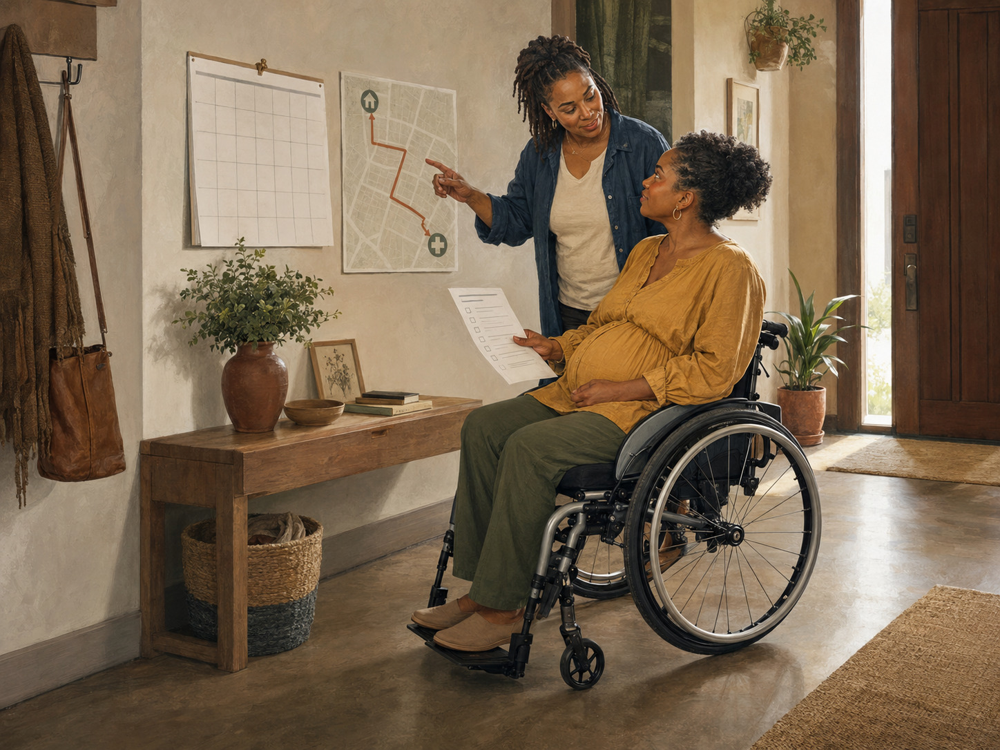 Pregnant wheelchair user and her partner reviewing birth preferences, a calendar, and a hospital route