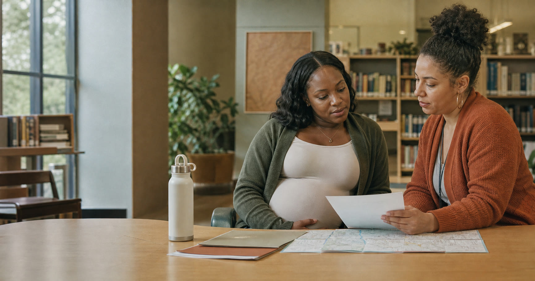Pregnant adult reviewing an enrollment checklist and transportation map with a community health navigator at a library