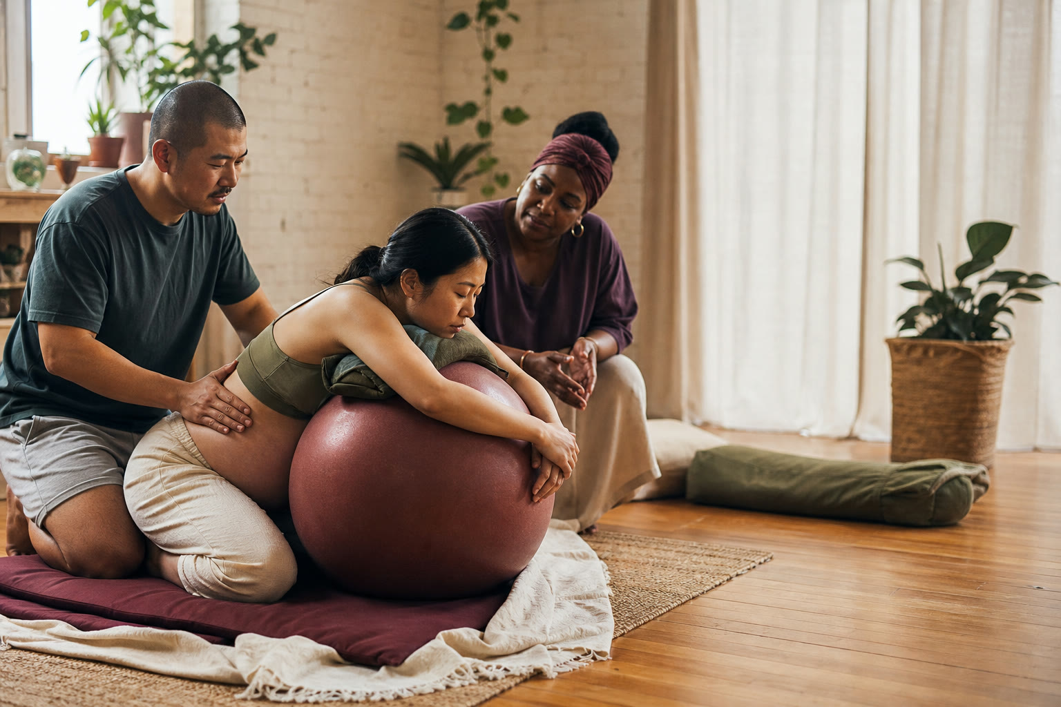Pregnant adult practicing a supported labor position with a partner and doula in a community studio