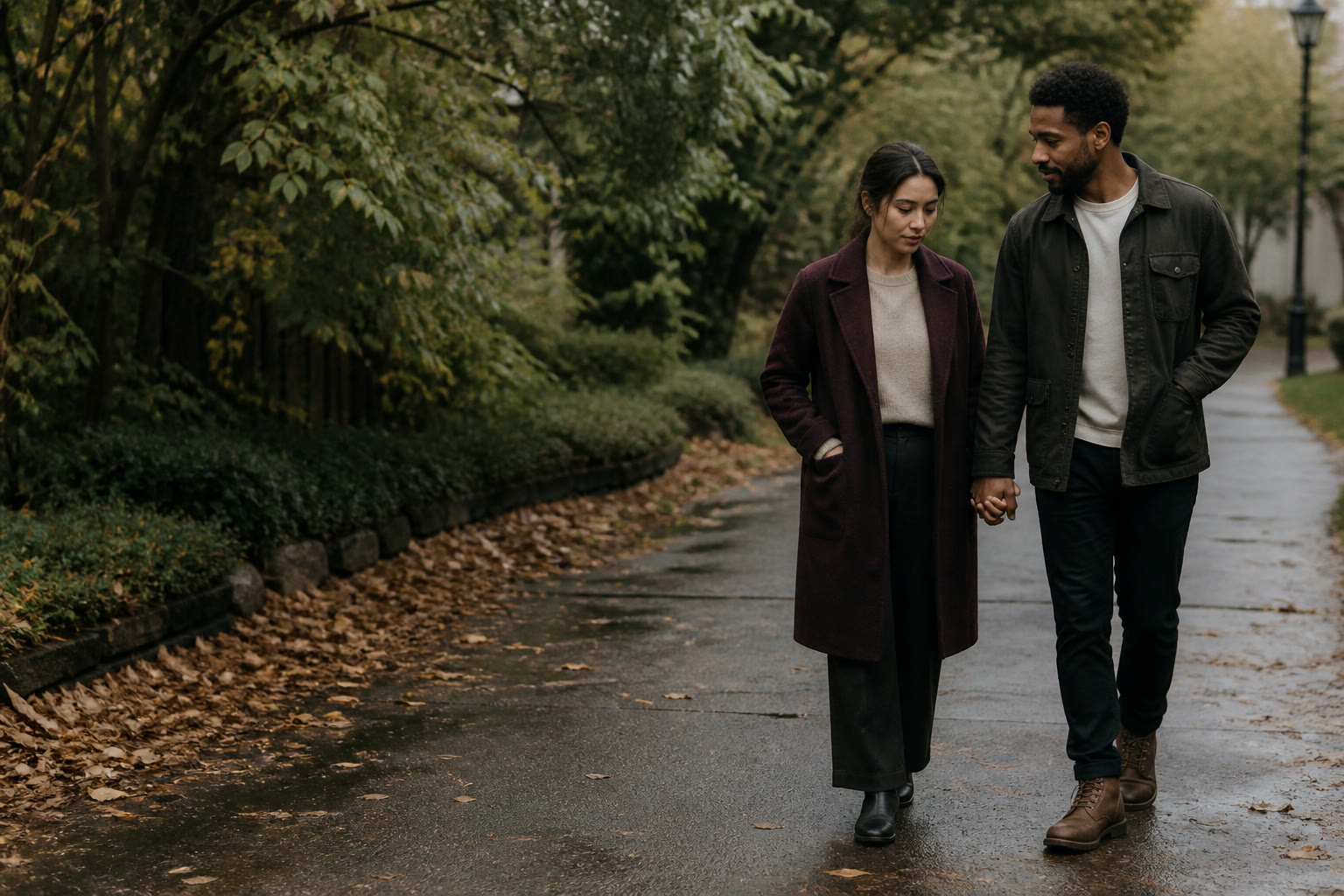 Two partners walking hand in hand on a quiet path after pregnancy loss