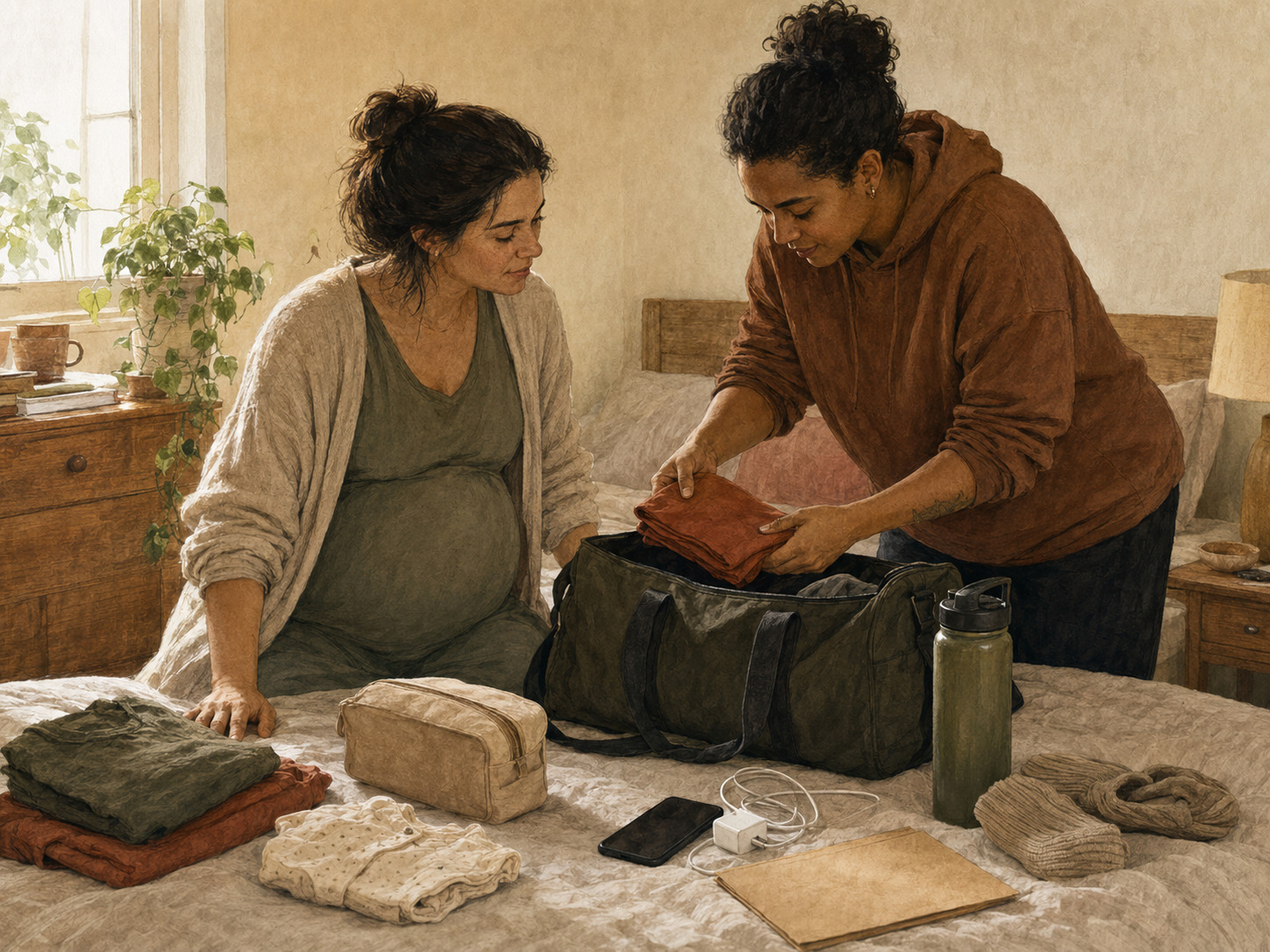 Pregnant person and support person organizing a practical hospital bag on a bed