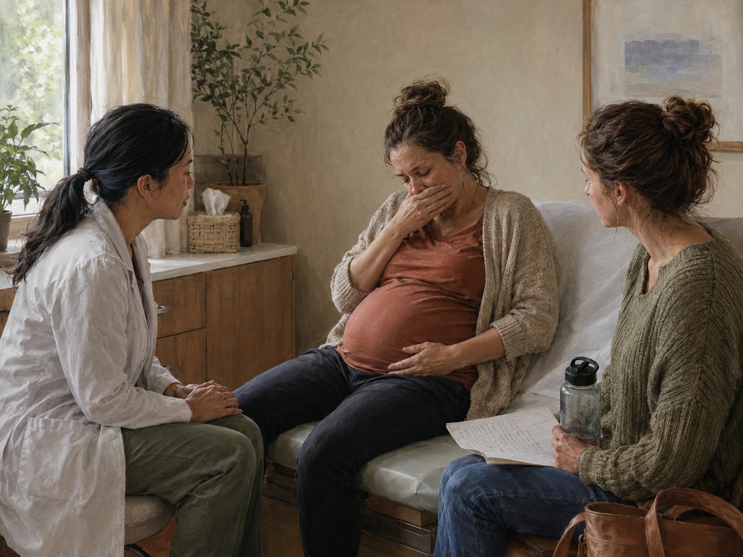 Exhausted pregnant person receiving attentive care while a support person holds a water bottle and notes