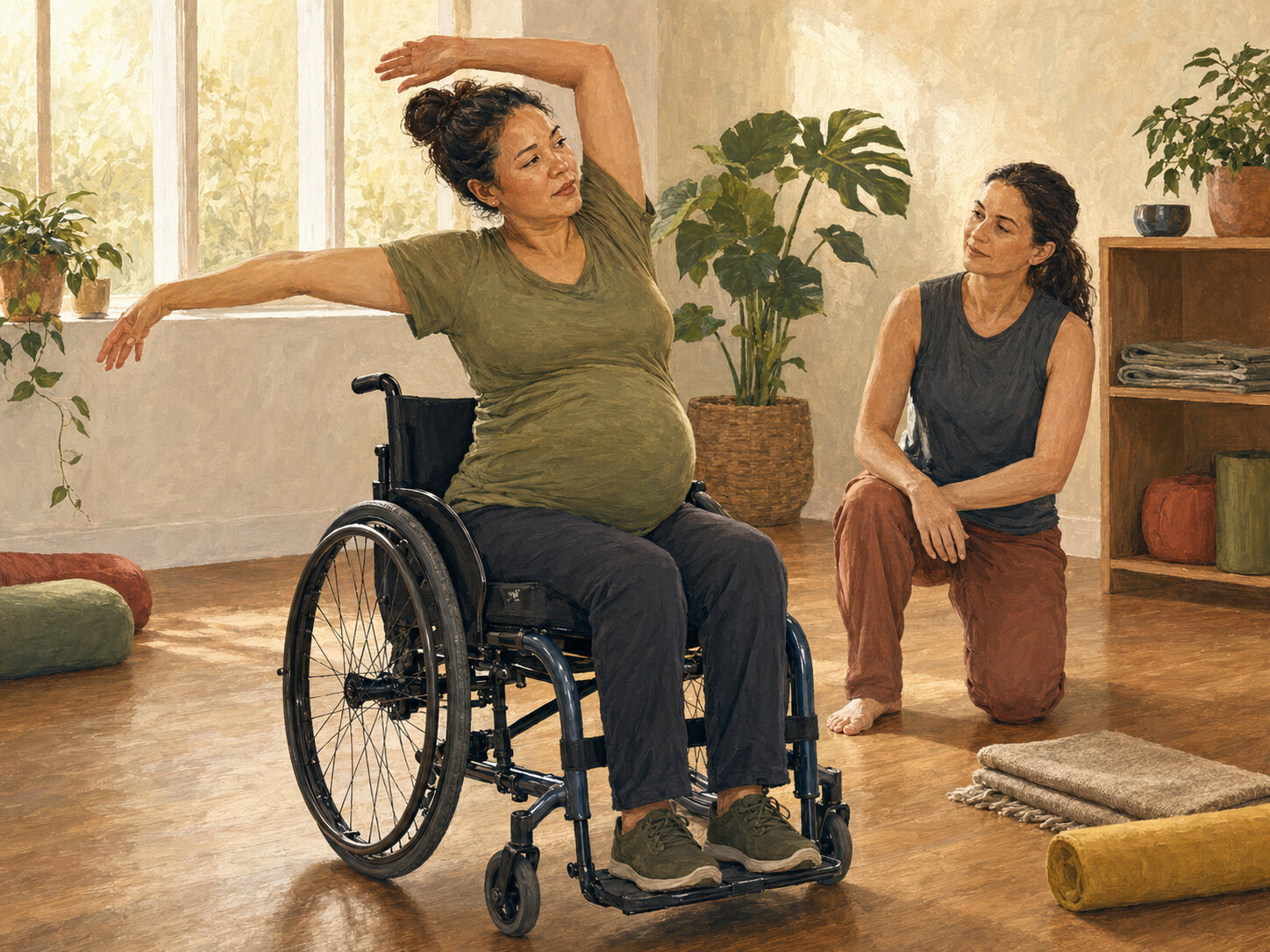 Pregnant wheelchair user doing a supported stretch with a movement professional