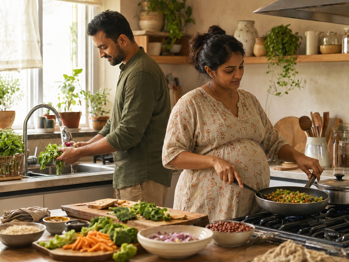 Pregnant person preparing a balanced meal while a partner washes produce in a home kitchen