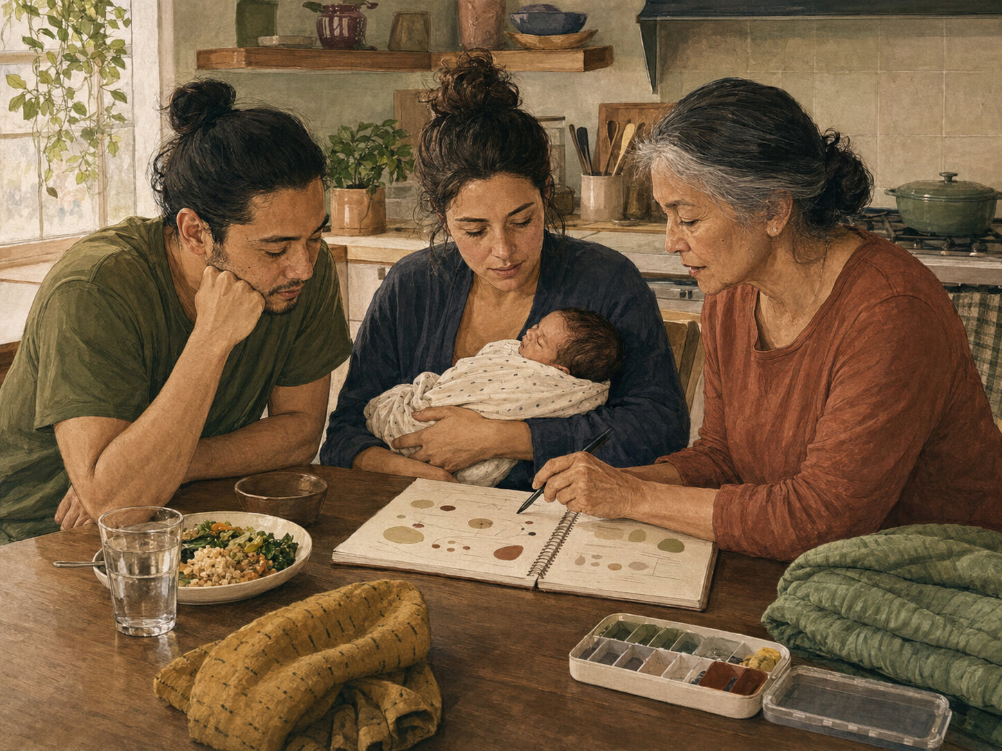 New parents and a support person reviewing a postpartum plan at home