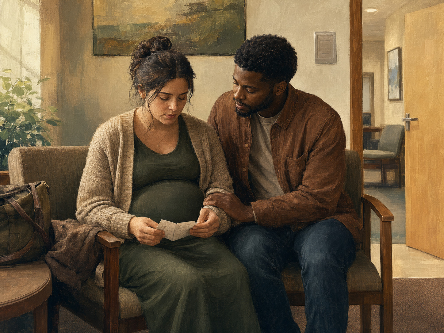 Pregnant adult in a thoughtful, supportive conversation