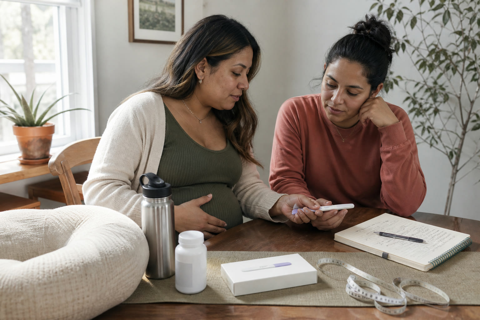 Pregnant adult and friend comparing a few practical unbranded pregnancy items at a dining table
