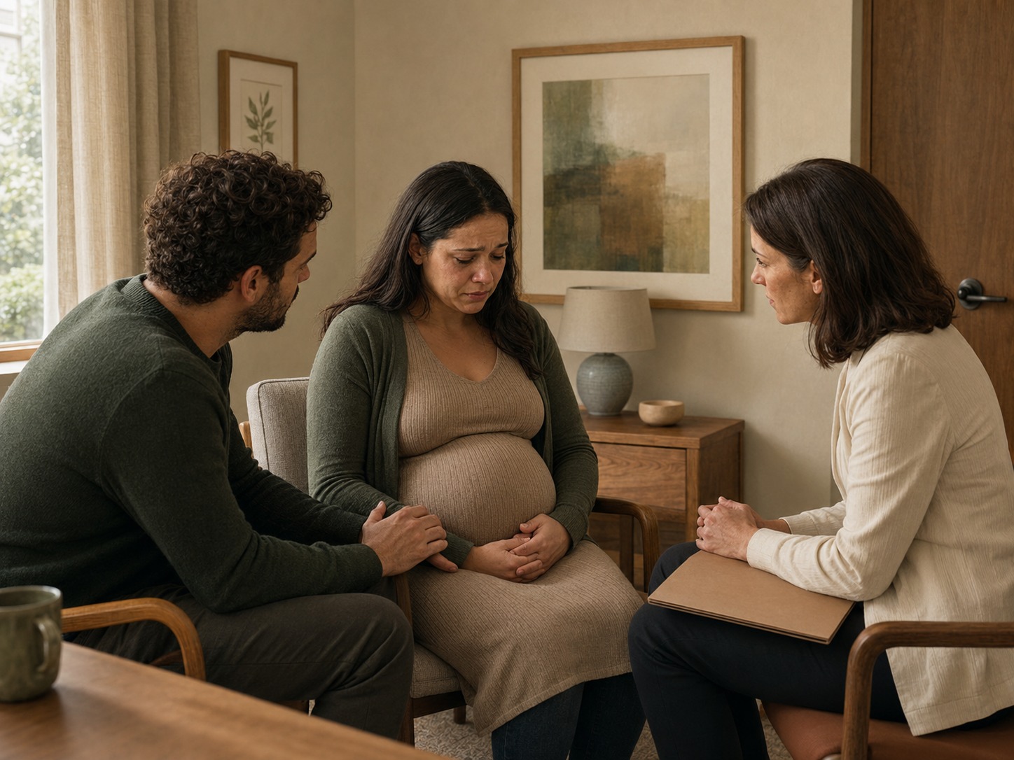 Pregnant patient receiving compassionate, private support from a clinician after difficult news