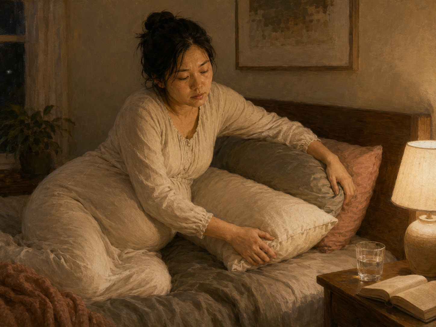 Pregnant person adjusting pillows for side sleeping in a softly lit bedroom
