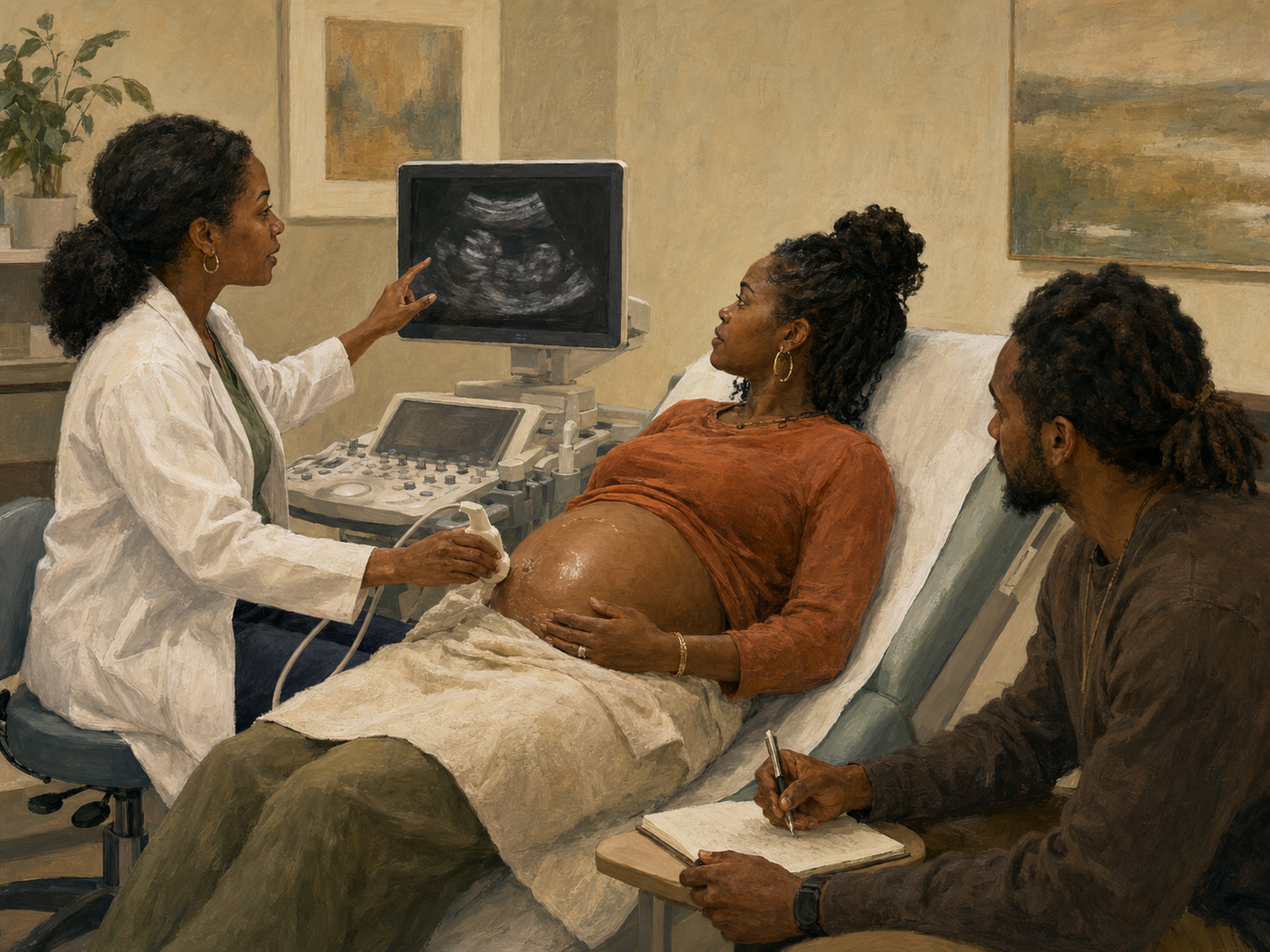 Clinician and pregnant patient reviewing questions together